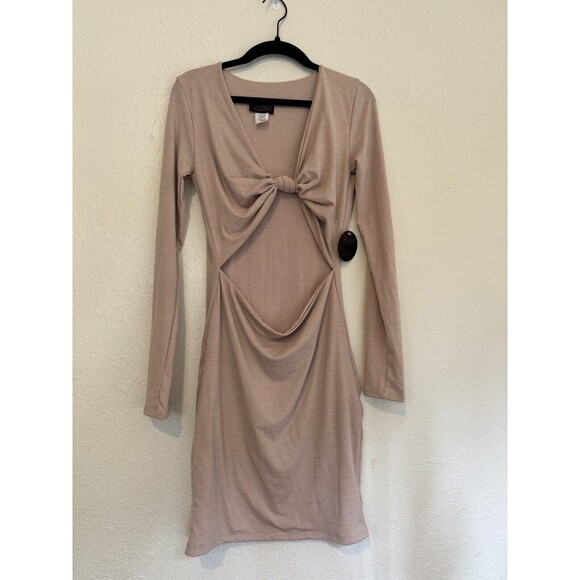 Hot Miami style NUDE V NECK KNOTTED CUT OUT LONG SLEEVE DRESS Size L - Picture 4 of 12